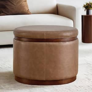 Tiberius Saddle Brown Leather Modern Round Storage Ottoman with Solid Wood Frame for Living Room and Bed Room