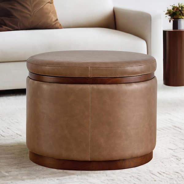 SPRUCE & SPRING Tiberius Saddle Brown Leather Modern Round Storage Ottoman with Solid Wood Frame for Living Room and Bed Room