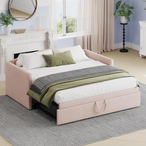 Pink Twin to King Size Velvet Upholstered Daybed with Extended Pop-Up Trundle