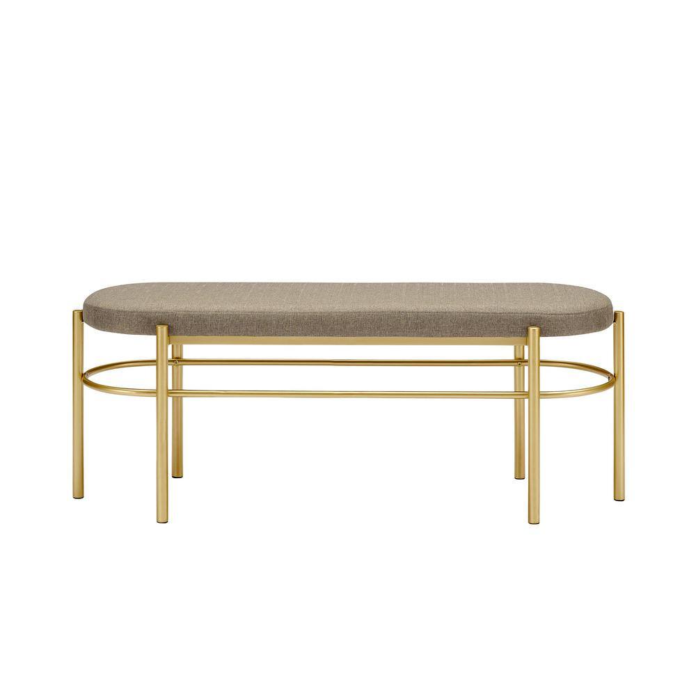 Taupe Upholstered Oval Entry Bench with Gold Frame, 48 Inch