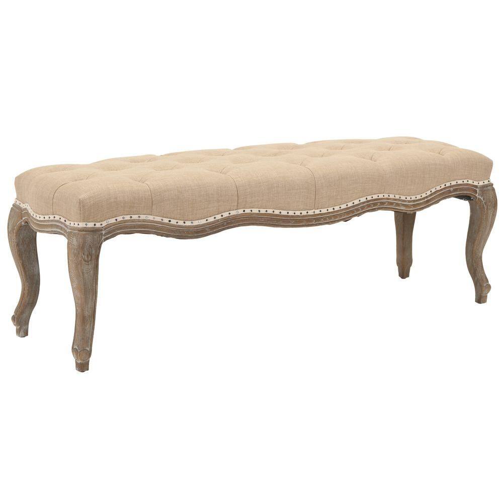 Transitional Beige Linen and Oak Tufted Bench