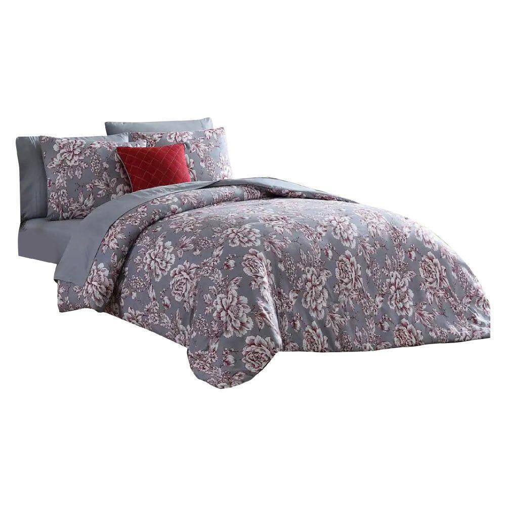 Benjara Tyler 8- Piece Gray Floral Print Microfiber Queen Bed Comforter ...