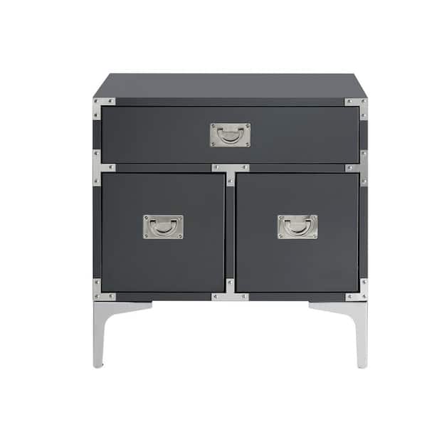 Inspired Home Ida Lacquered Dark Grey/Chrome End Table Metal Leg Nightstand