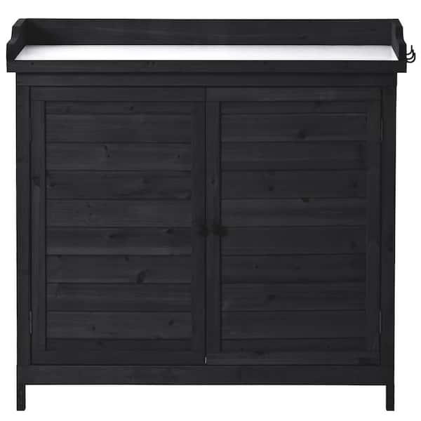 Unbranded 39 in. W x 19.1 in. D x 37. 4-in. H Black Wooden Outdoor Potting Bench Table, Cabinet with 2-Tier Shelves and Side Hook