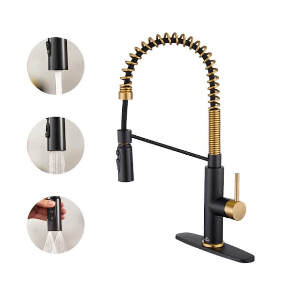 Single-Handle Pull Down Sprayer Kitchen Faucet with 3-Function Sprayed in Brushed Gold and Matte Black
