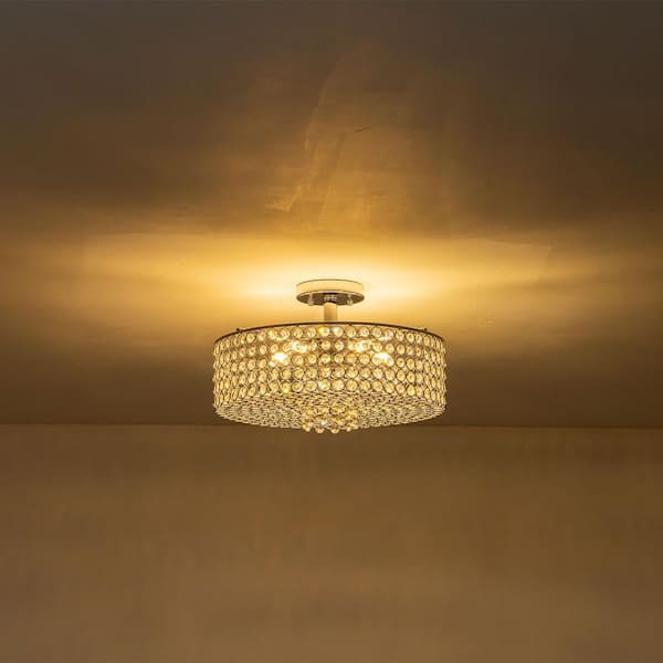 MENCOLULU 15.75 in. 5-Light Chrome Round Modern Semi-Flush Mount Ceiling Light with Beaded Drum Crystal Shade for Living Room