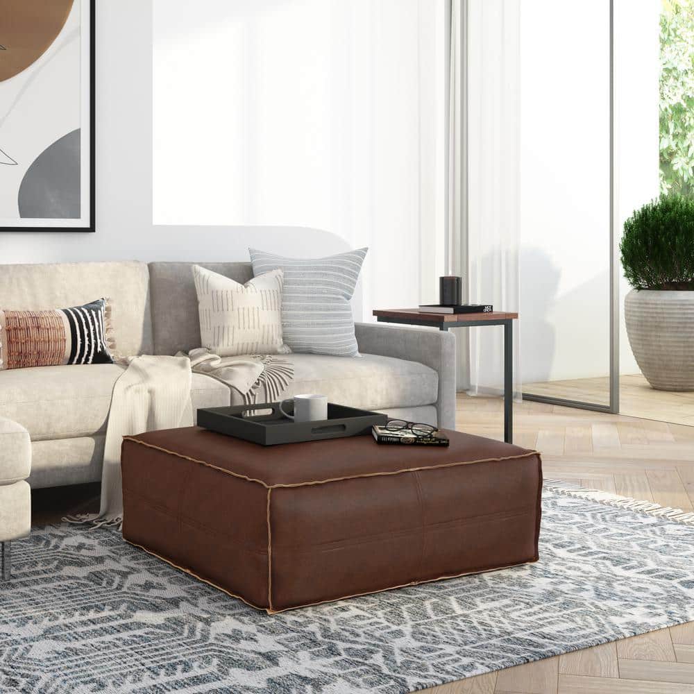 Brody Distressed Dark Brown Faux Leather Square Pouf