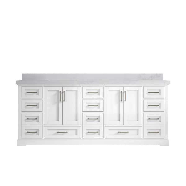 Willow Collections Boston 84 in. W x 22 in. D x 36 in. H Double Sink Bath Vanity in White with 2" Calacatta Nuvo Top