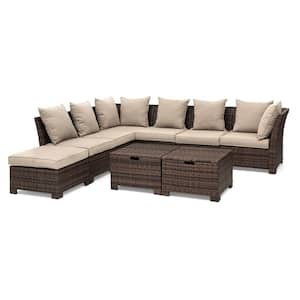 9-Piece Outdoor All-Weather Wicker Sectional Patio Conversation Set with Brown Cushions