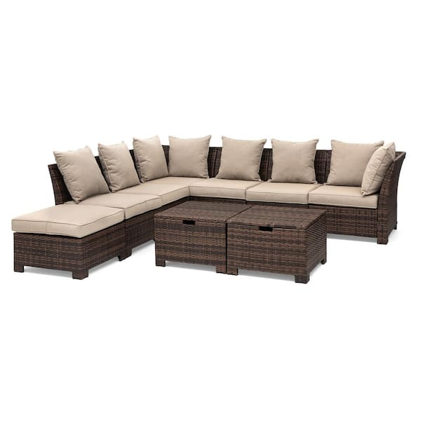 Glitzhome 9-Piece Outdoor All-Weather Wicker Sectional Patio Conversation Set with Brown Cushions