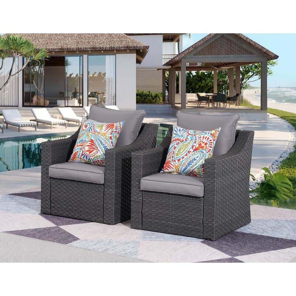 2-Pieces Black PE Rattan Wicker Outdoor Patio Single Couch Chairs with Gray