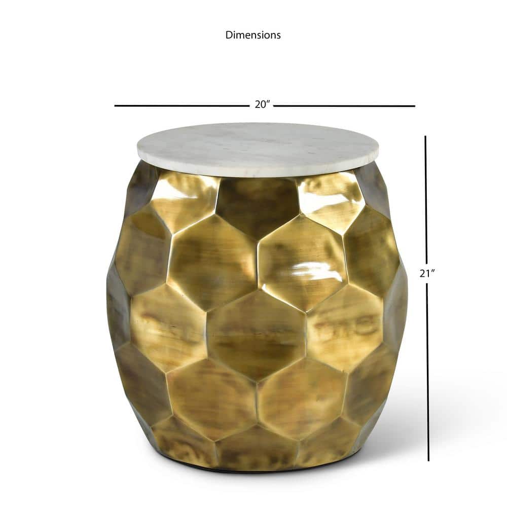 Brass and White Marble Round End Table with Textured Base
