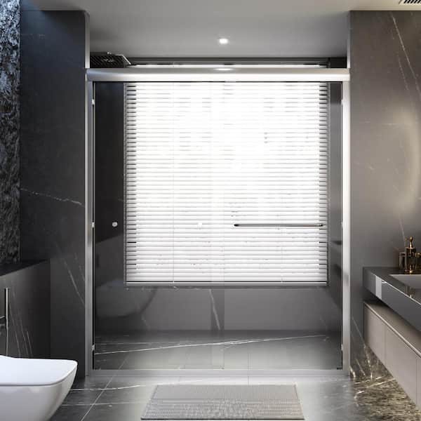 EAKYHOM 56 in. to 60 in. W x 70 in. H Sliding Semi-Frameless Shower Door in Chrome Finish with Tempered Clear Glass