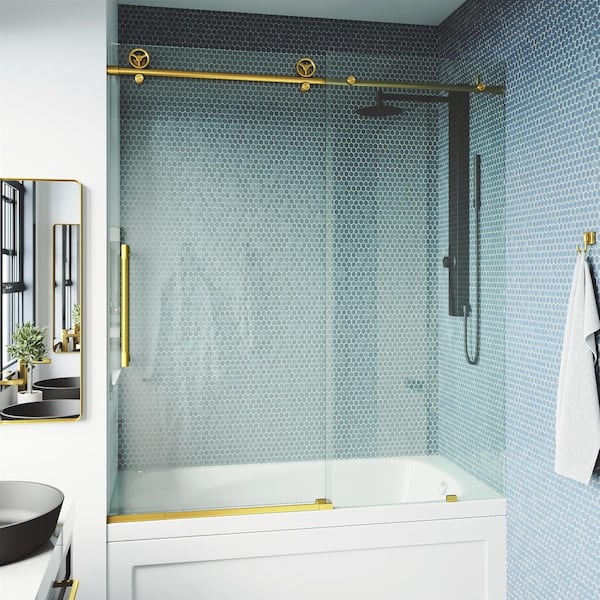 VIGO Elan Cass Aerodynamic 56 to 60 in. W x 66 in. H Sliding Frameless Tub Door in Matte Gold with 3/8 in. Clear Glass