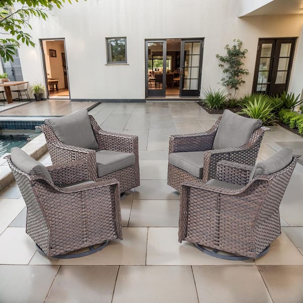 SlideArm Brown Wicker Outdoor Rocking Chairs, Patio Swivel Gliders with Gray Cushions for Porch or Balcony (4-Pack)
