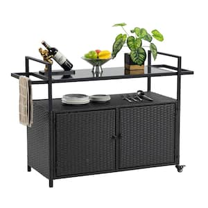 Black Wicker Outdoor Bar Serving Cart Patio Bar Counter Table with Glass Top, Wheels and Storage