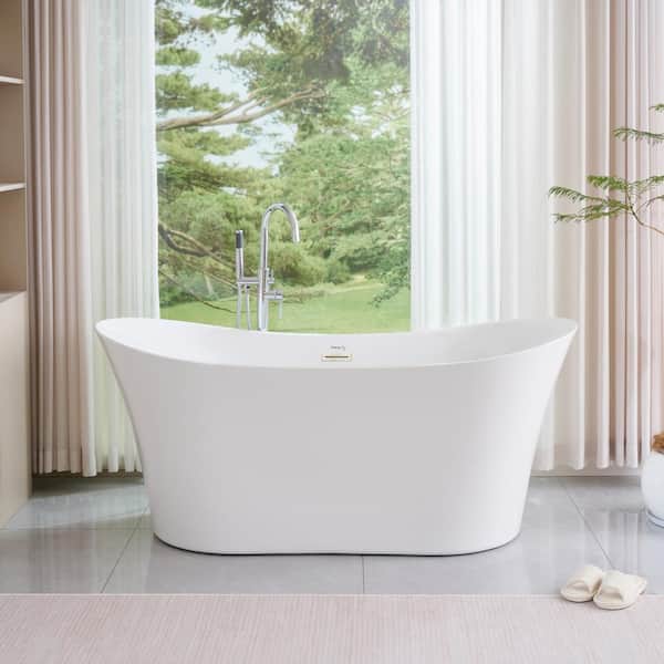 Vanity Art Calais 66.5 in. x 31 in. Acrylic Freestanding Soaking Bathtub with Center Drain in White/Brushed Nickel