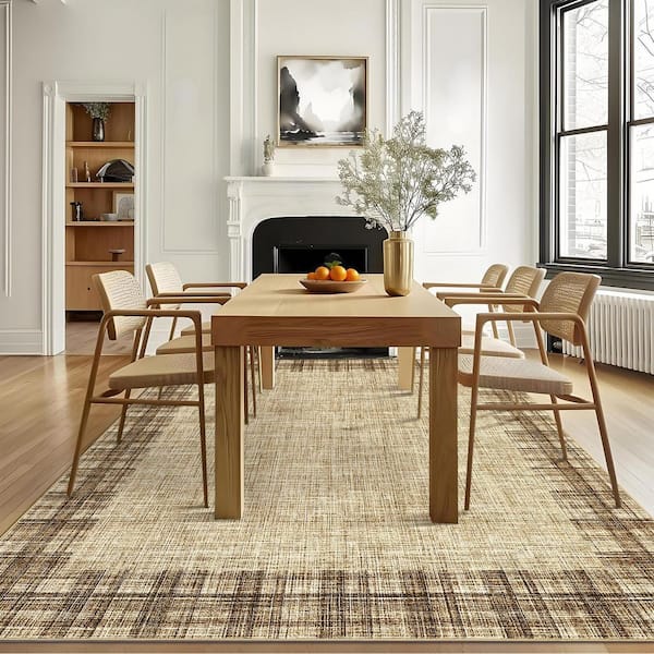 Linen 10 ft. x 13 ft. Non-Slip Border Print Rug Machine Washable Ultra Thin Soft for Bedroom Dining Room Office