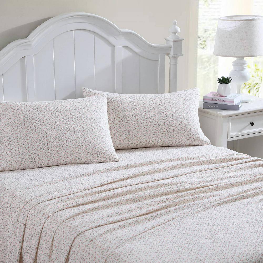 Evie Soft Pink Cotton Flannel King Sheet Set with Floral Pattern