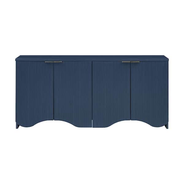 Unbranded 63.2 in. W x 15.7 in. D x 29.5 in. H Navy Blue Linen Cabinet with Vertical Stripes, Wavy Design and 4 Doors