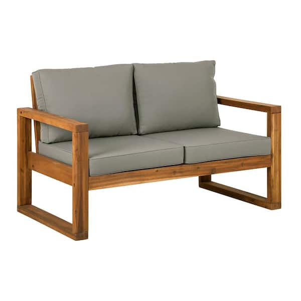 Unbranded Brown Solid Acacia Wood Outdoor Loveseat with Light Grey Cushions