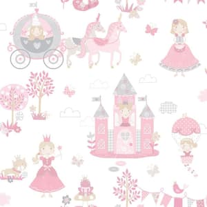 Tiny Tots 2 Collection Pink/Grey/Cream Matte Finish Fairytale Princess Non-Woven Paper Wallpaper Roll
