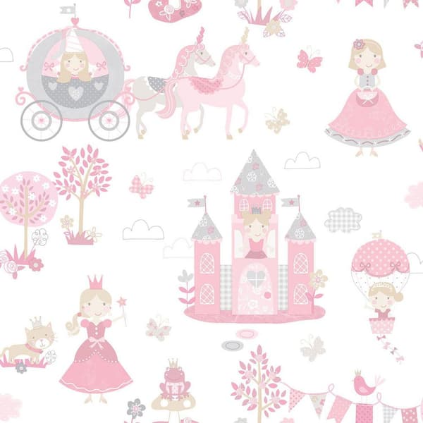 Unbranded Tiny Tots 2 Collection Pink/Grey/Cream Matte Finish Fairytale Princess Non-Woven Paper Wallpaper Roll