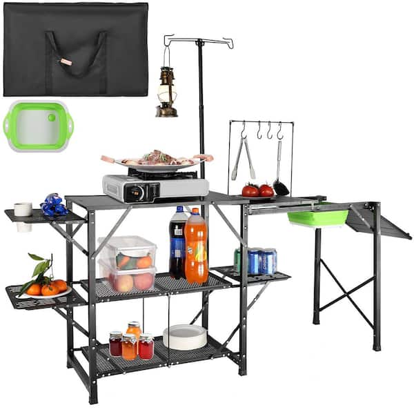VEVOR Camping Kitchen Table with Sink, Aluminum Folding Portable Outdoor Cook Station, 2 Shelves & Carrying Bag