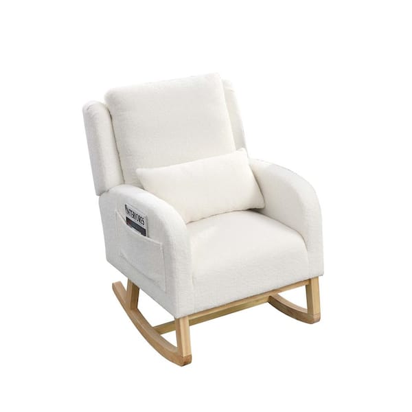 Unbranded Teddy White Modern Accent High Back Wood Outdoor Rocking Chair with One Lumbar Pillow, 2 Side Pockets