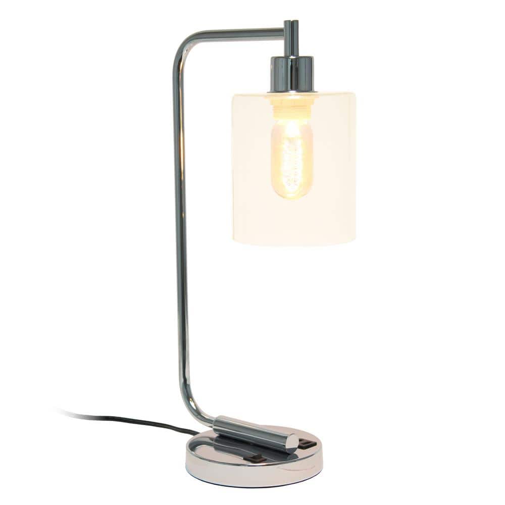 18.8" Chrome Industrial Iron Desk Lamp with Glass Shade and USB Port