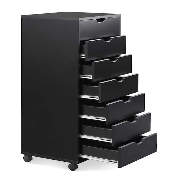 Miscool Black Finish 7 Drawer Chest of Drawers Storage Cabinet for Makeup on casters (15.7 in D. X 18.9 in W. X 34.5 in H.)