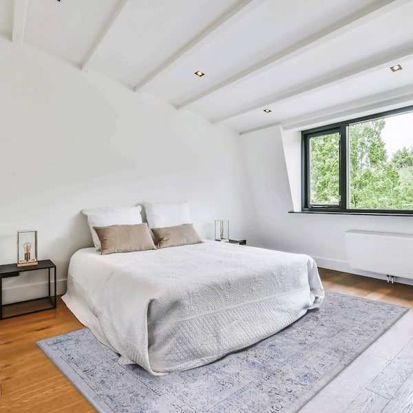 6 ft. x 8 ft. Blue Cream Solid Color Washable Area Rug for Bedroom, Dining Room, Living Room