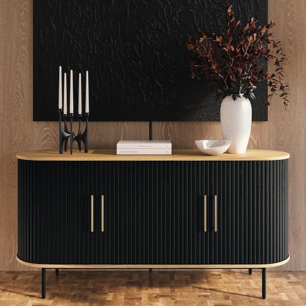 Noir Black Oak Plus Wood Top Plus 65 in. Sideboard with Brushed Brass