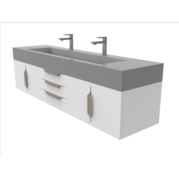 castellousa Nile 72 in. W x 19 in. D x 20 in. H Single Bath Vanity in Matte White with Gold Trim and Gray Solid Surface Top
