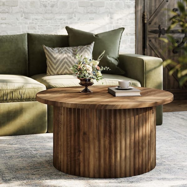 Allan 31.5 in. Brown Round Wood Coffee Table with Fluted Drum Base, Modern Wooden Accent Cocktail Table for Living Room