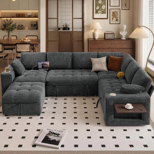 110" 7-Seat L Chenille Sleeper Sectional,Pull Out Bed, Stg Loveseat, USB, Cup Holders, Side Tbl, Tool-Free Assembly