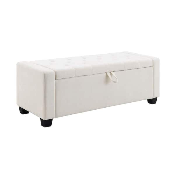 Kristen Beige Fabric Upholstered Rectangle Storage Ottoman Bench with Safety Hinge