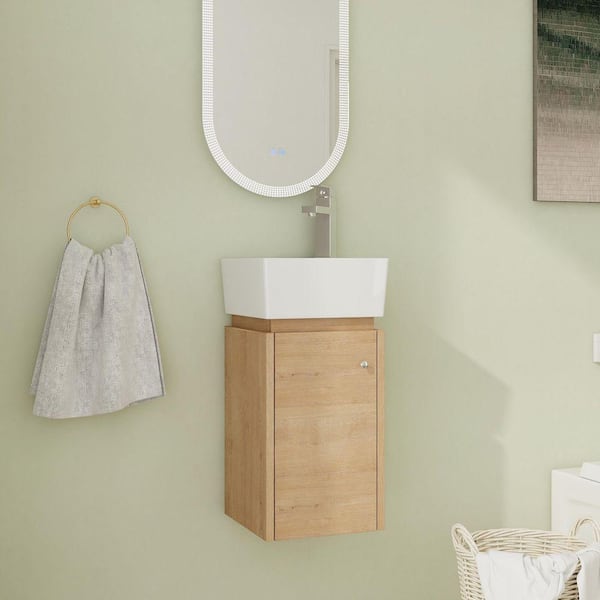 12 in. Wall-Mounted Single Brown Bath Vanity with White Ceramic Vanity Top Unassembled