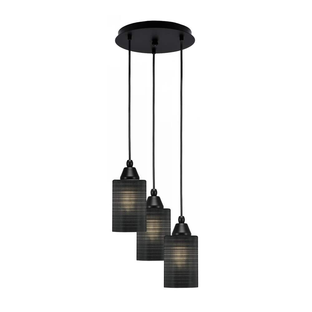 Savannah 9.75 in. 3-Light Matte Black Cord Pendant Light Black Matrix Glass