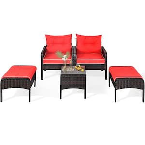 5-Piece Wicker Patio Conversation Set with Red Cushions and 2 Cushioned Footstools