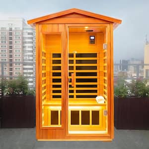 Victoria 2-Person Outdoor Khaya Wood Infrared Sauna with 8 Far-infrared Carbon Crystal Heaters and Chromotherapy