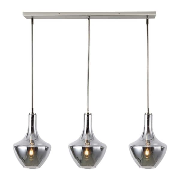 Light Society Modena 3-Light Satin Nickel Island Light with Smokey Glass Shade