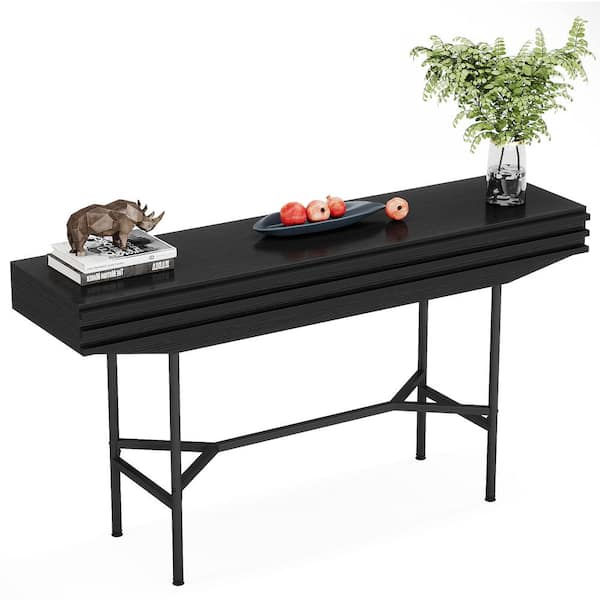 BYBLIGHT Turrella 55.11 in. Black Rectangle Wood Console Table, Sofa Table with Metal Legs for Living Room Entryway