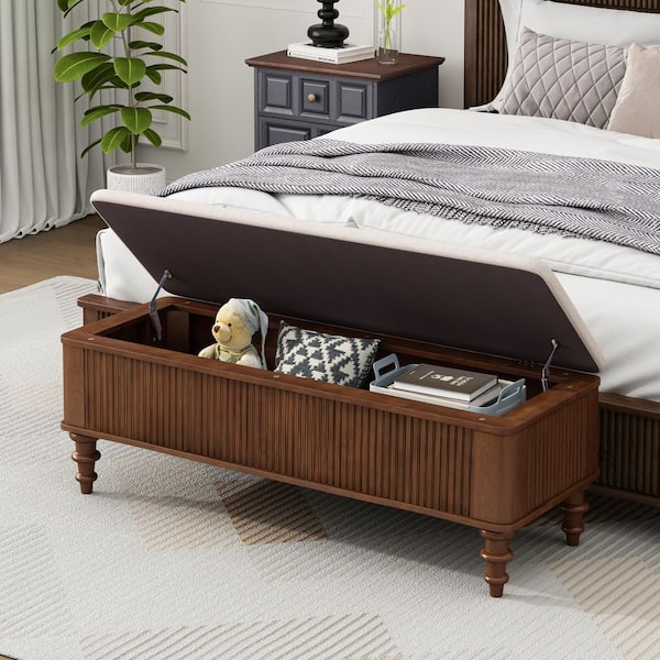 51 in. Walnut Entryway Bedroom Bench with Storage, Solid Rubberwood Frame, Soft-Close Lid and Linen Seat