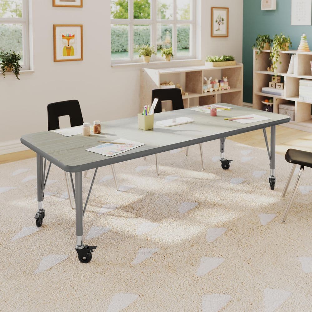Wren Adjustable Light Gray Top/Silver Frame Rectangle Kids Activity Table with Thermal Laminate Top for 4