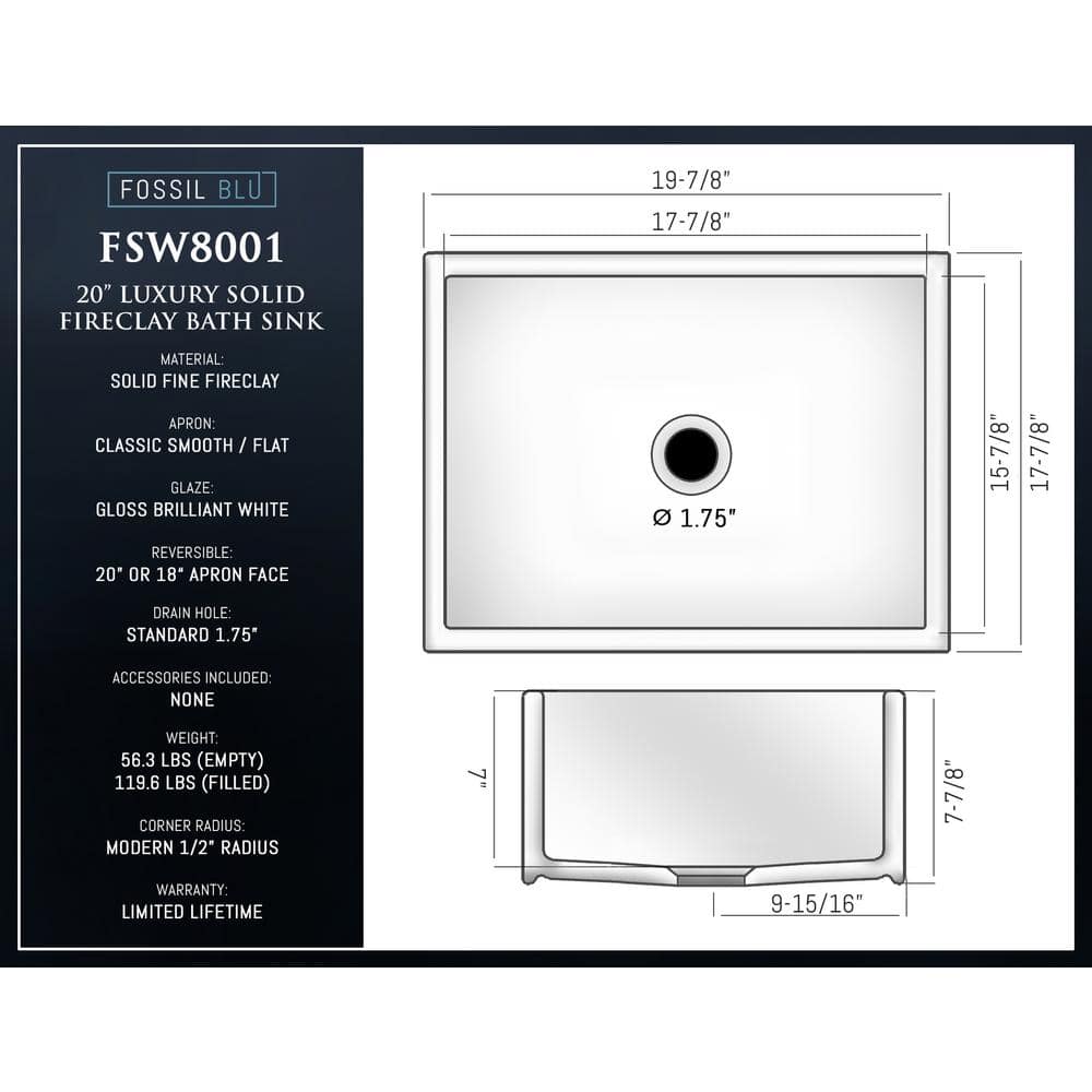 Glossy White Ceramic Rectangular Farmhouse Bathroom Sink