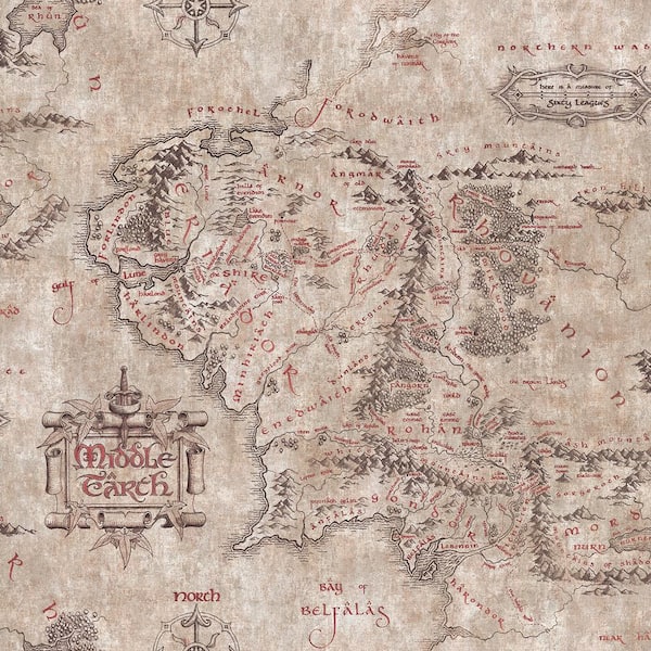 Warner Bros Brown Lord of the Rings Parchment Middle Earth Map Peel and Stick Wallpaper