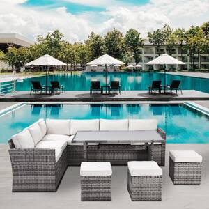 7-Piece Wicker Patio Conversation Set All Weather Sectional Sofa with Backrest and White Cushions