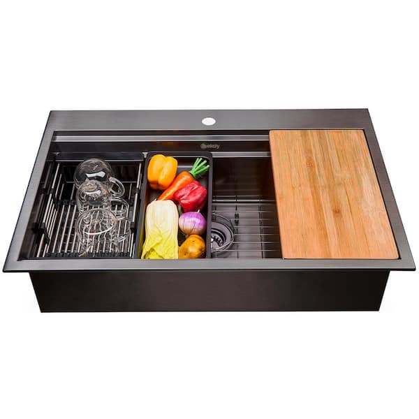 AKDY Matte Black Finish Stainless Steel 30 in. x 22 in. Single Bowl Drop-in Kitchen Sink with Workstation