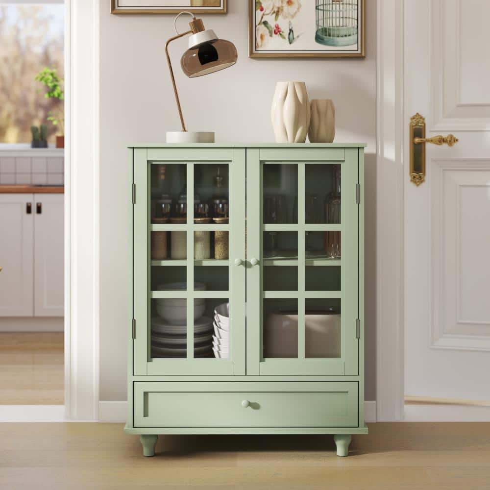 Green Buffet Cabinet – Double Glass Doors + Drawer, Scratch-Resistant UV Finish